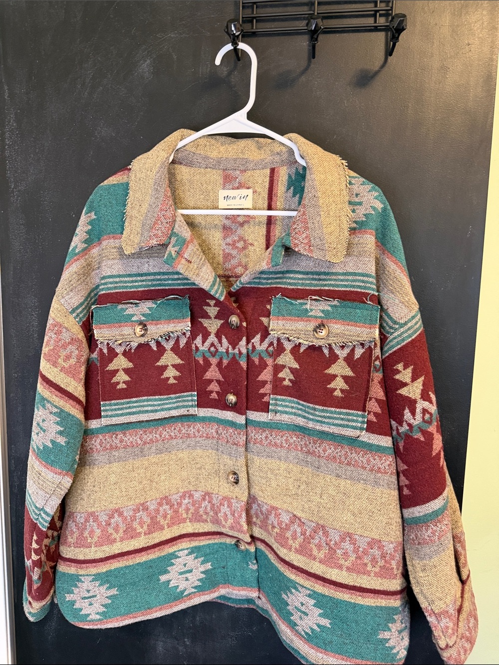 New In Aztec Native Flannel Shirt Shacket Western Blanket Jacket Raw Edge L